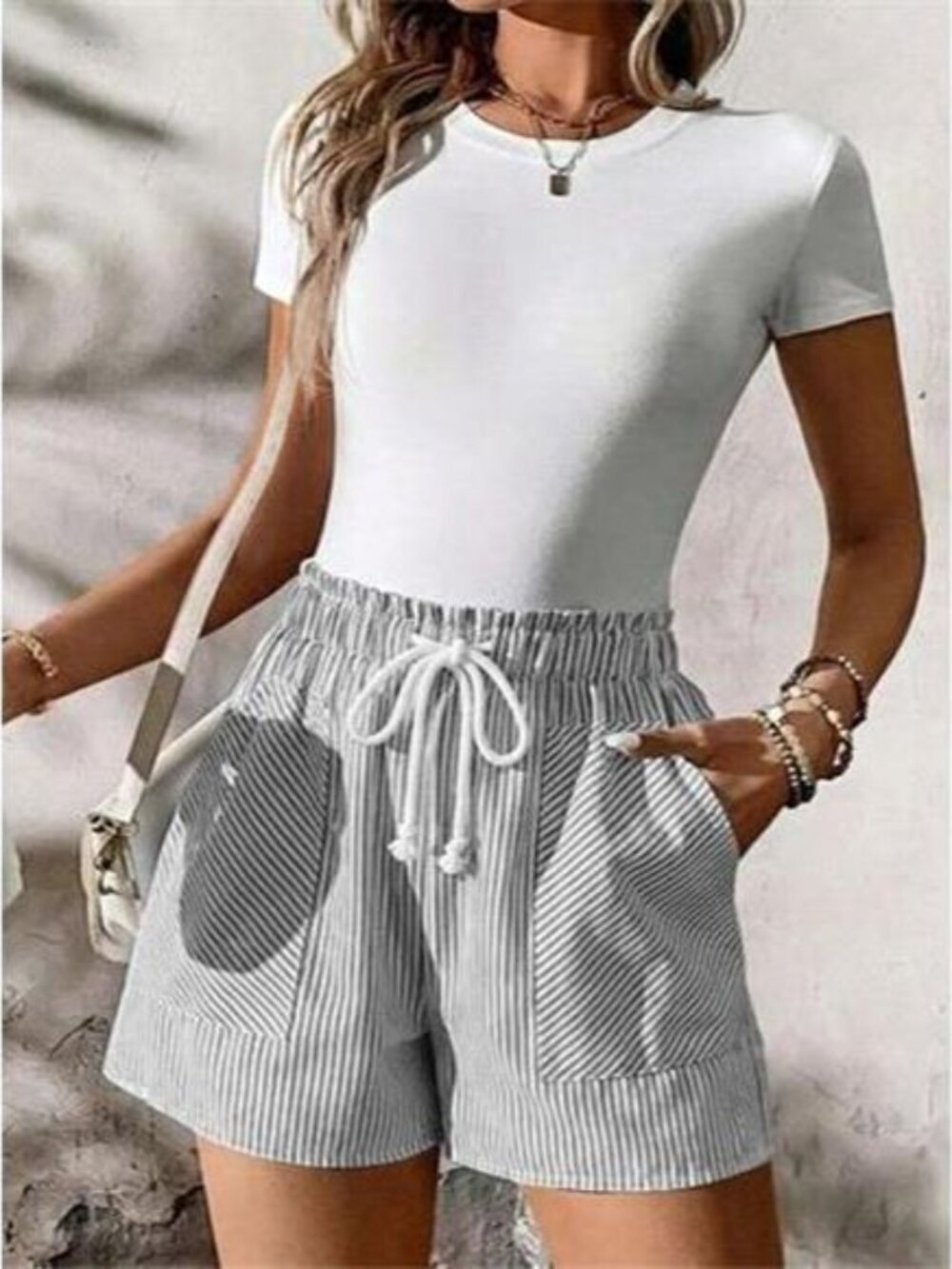 Striped Elastic Waist Drawstring Shorts